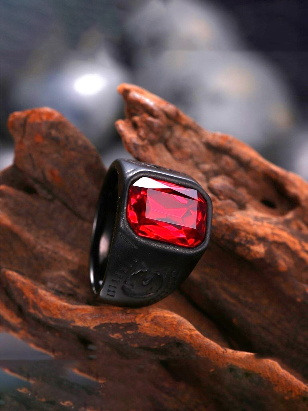 

Yellow Chimes Men Red Crystal-Studded Finger Ring