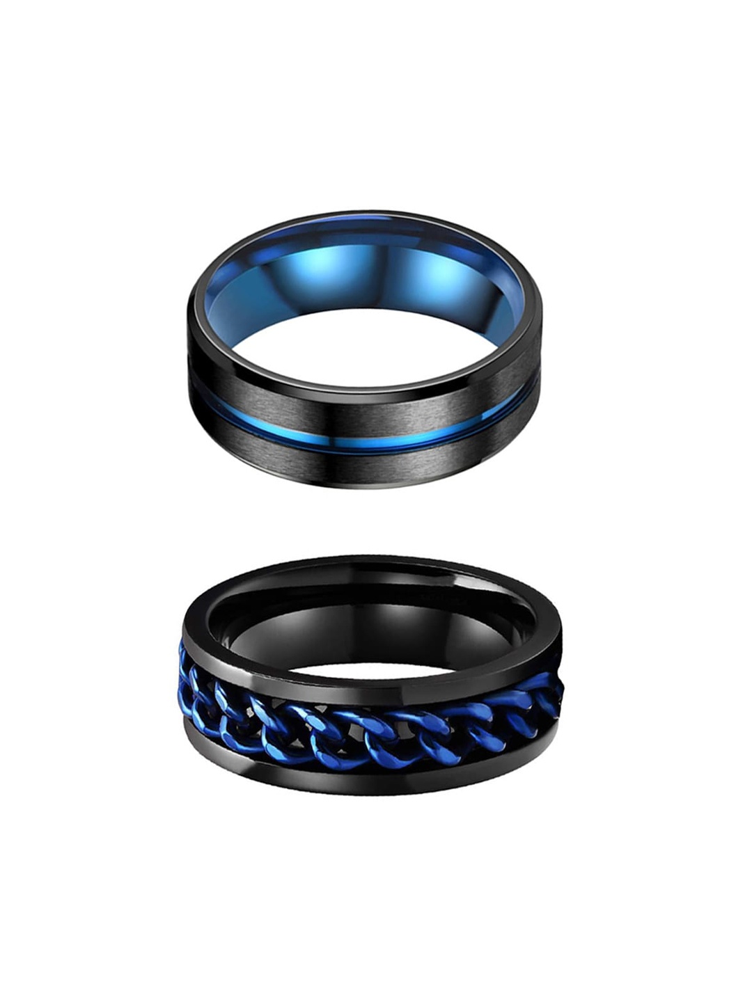 

Yellow Chimes Men Set Of 2 Blue & Black Stainless Steel Band Finger Rings