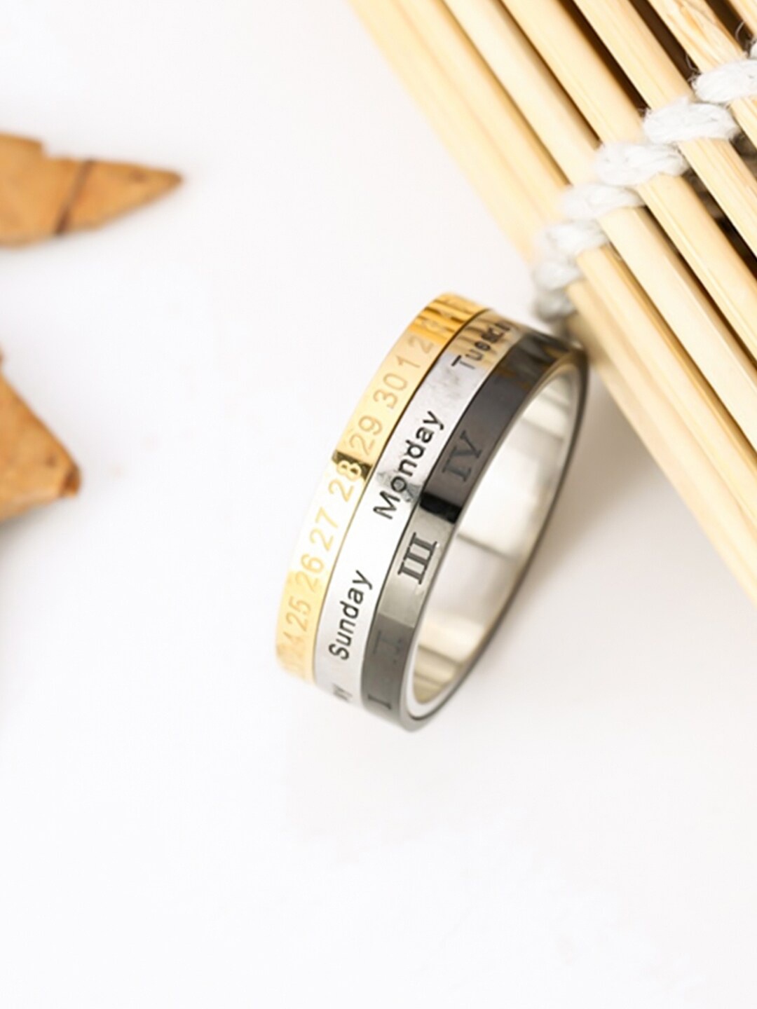

Yellow Chimes Men Black & Silver Stainless Steel Revolving Calender Finger Ring