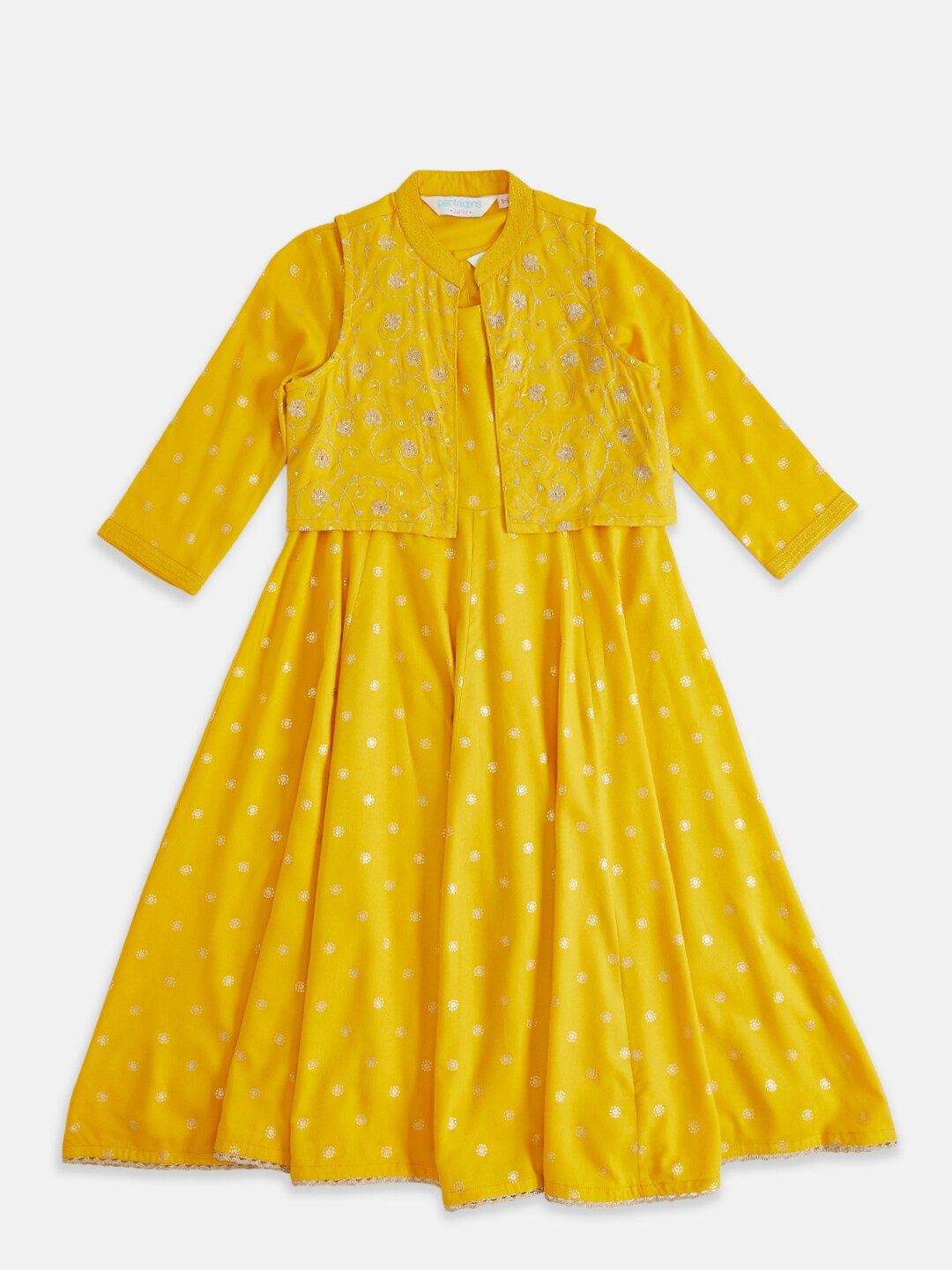 

AKKRITI BY PANTALOONS Yellow Floral Embroidered Dress with Jacket