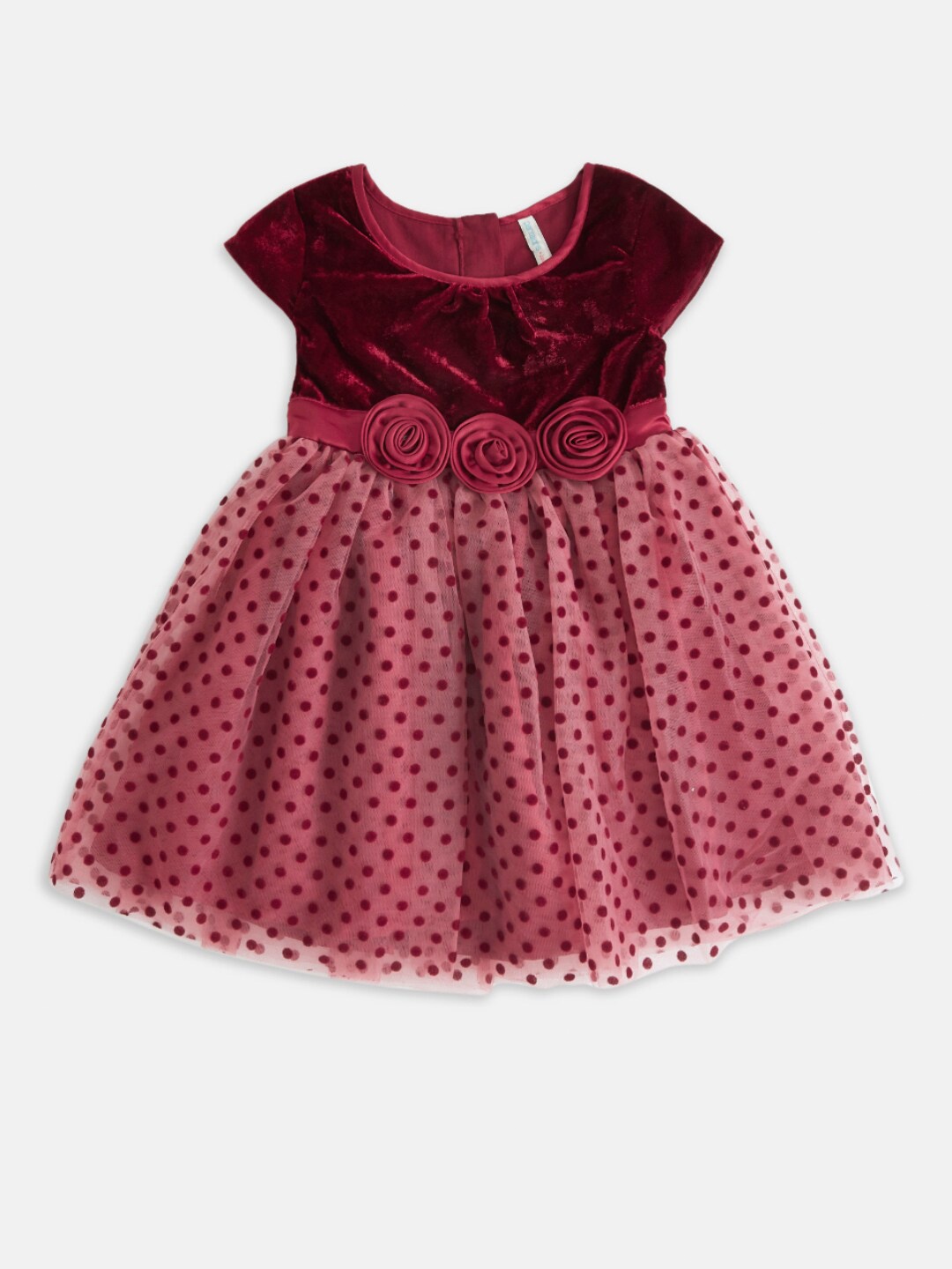 

Pantaloons Junior Girls Maroon & Pink Polka Dots printed Cotton Fit and Flare Net Dress