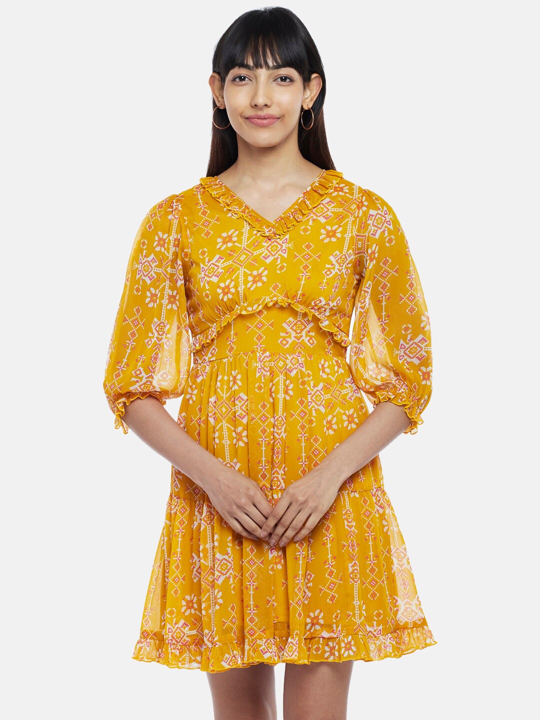 

People Women Mustard Yellow & White Layered Dress