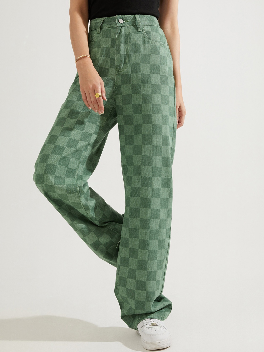 

URBANIC Women Green Checked High-Rise Slash Knee Printed Jeans