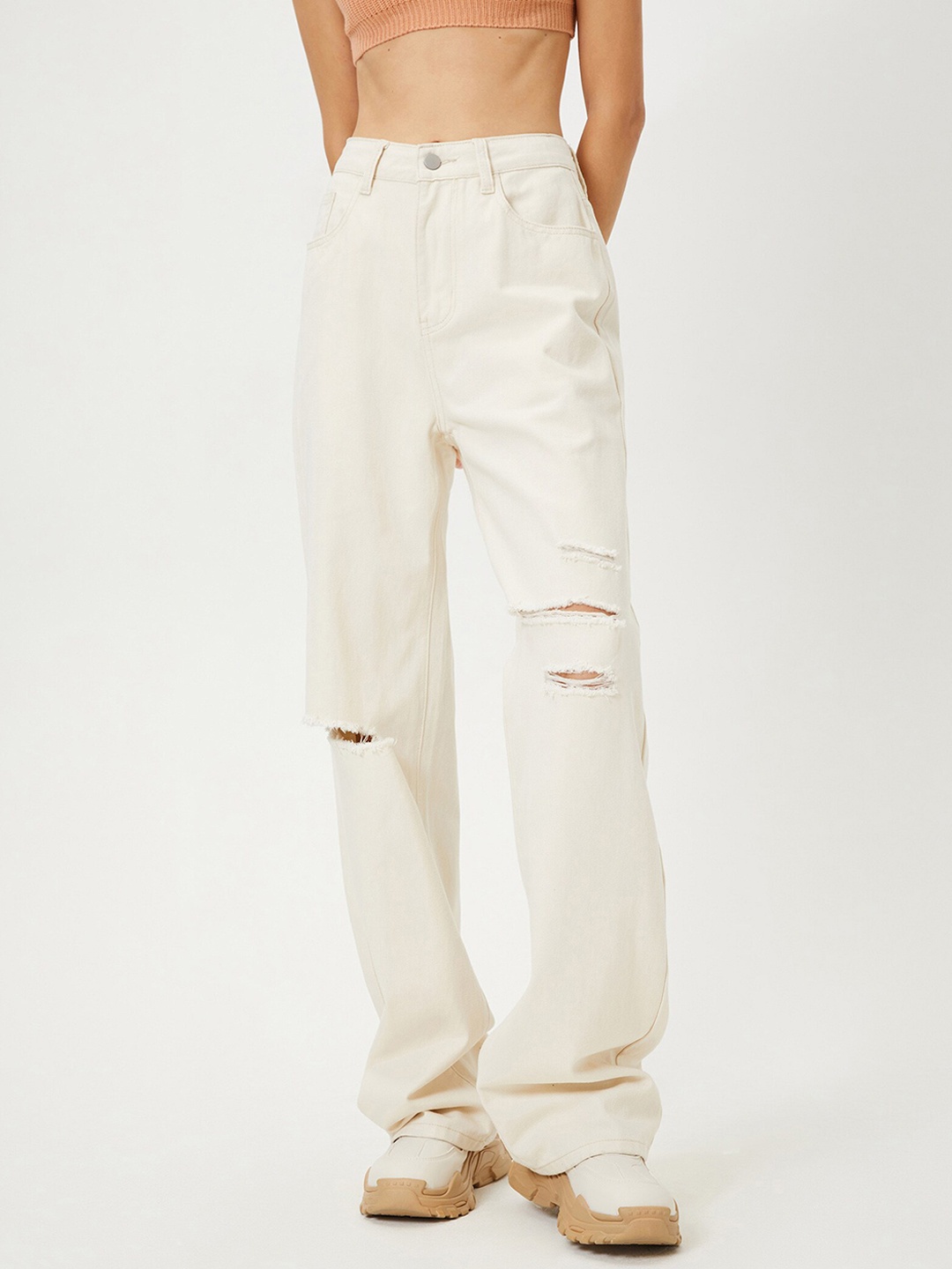 

URBANIC Women Off White Wide Leg High-Rise Mildly Distressed Jeans