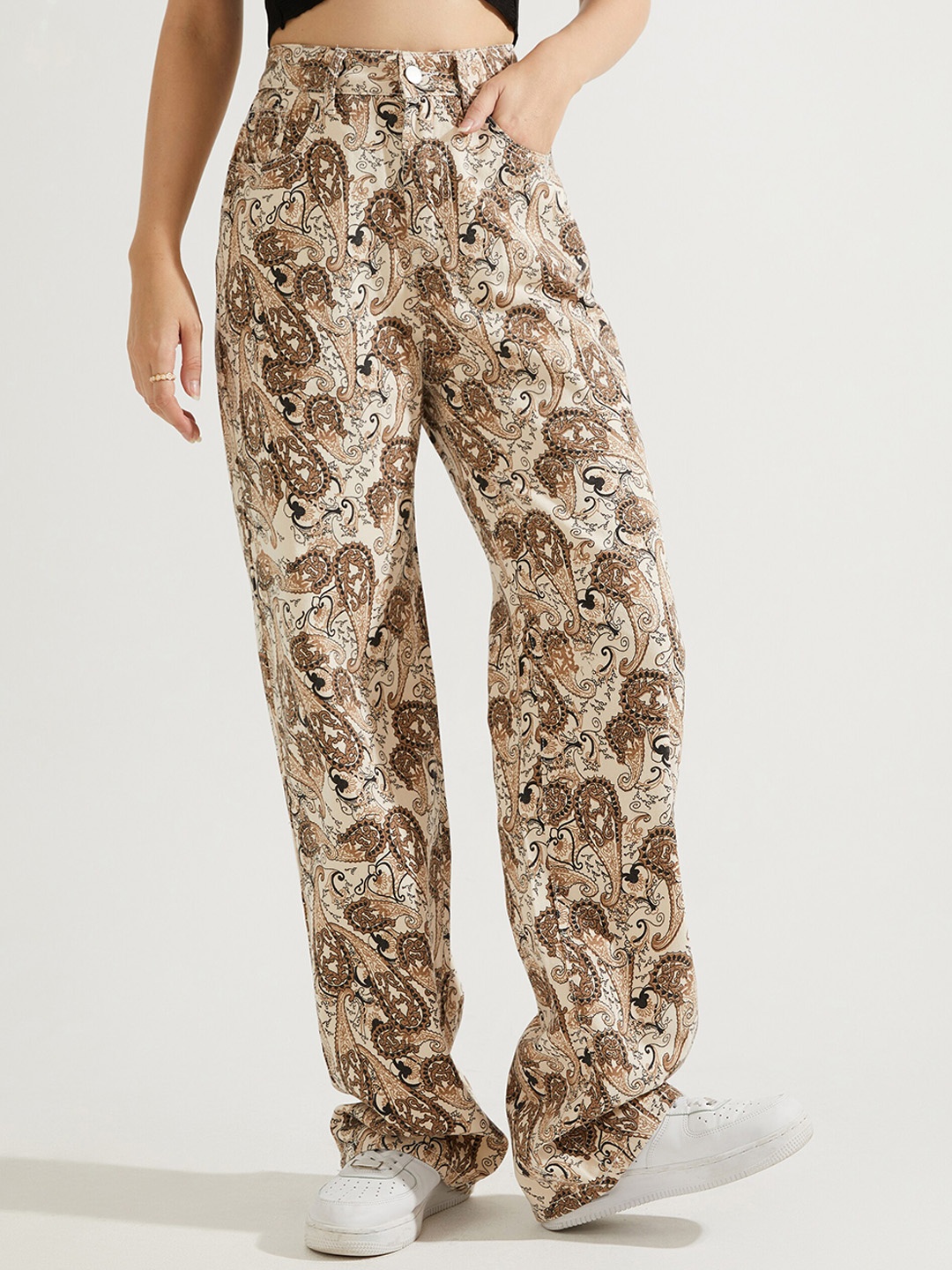 

URBANIC Women Coffee Brown Printed Wide Leg Jeans