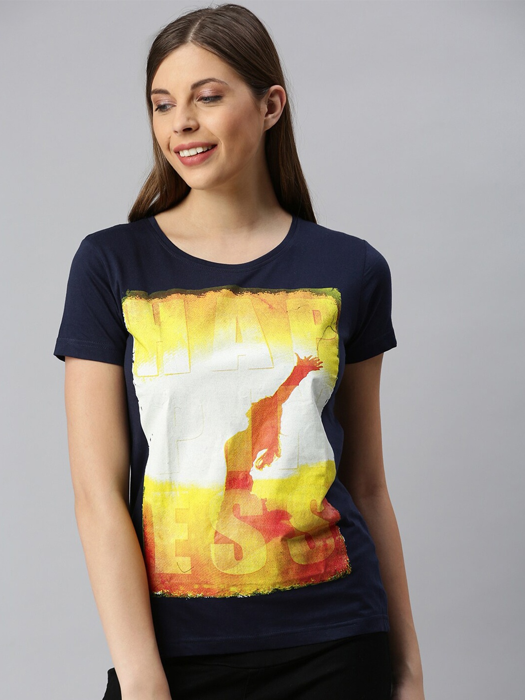 

Kryptic Women Pure cotton Navy Blue Printed T-shirt