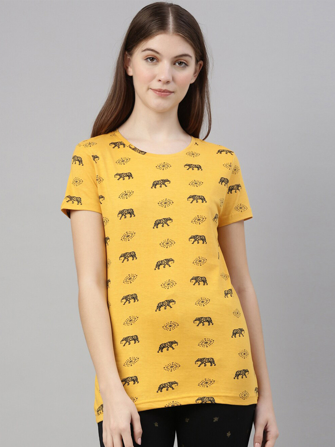 

Kryptic Women Mustard Yellow & Black Printed Pure Cotton Lounge T-shirt