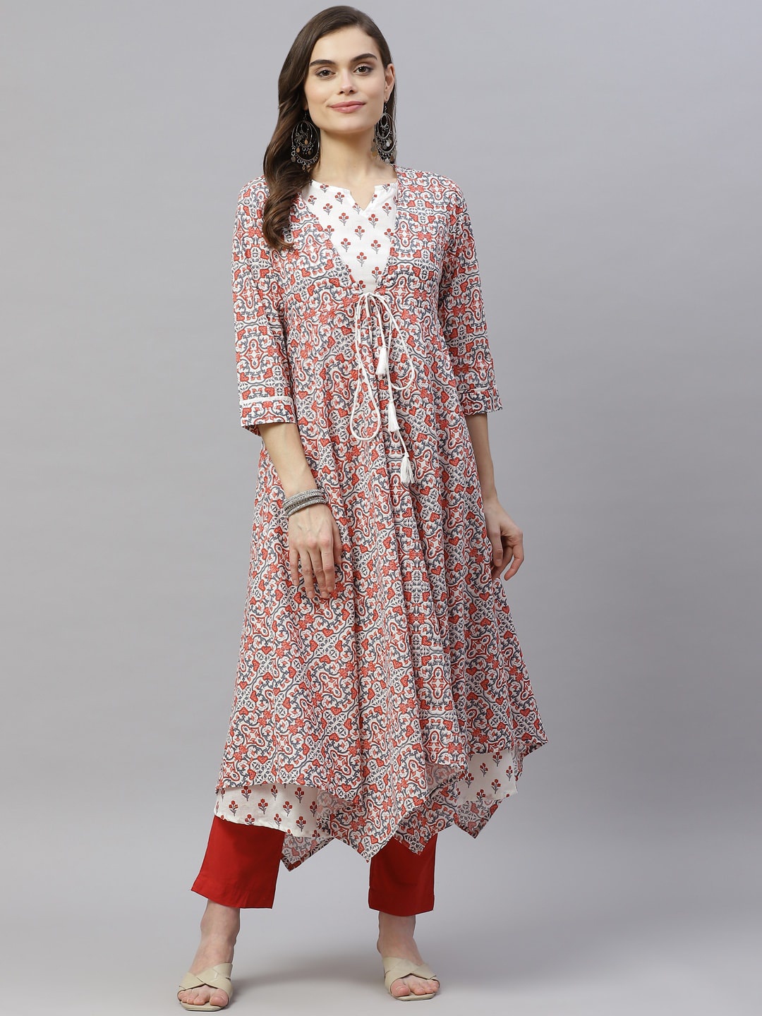 

MIRAVAN Women Orange & White Ethnic Motifs Printed Anarkali Kurta