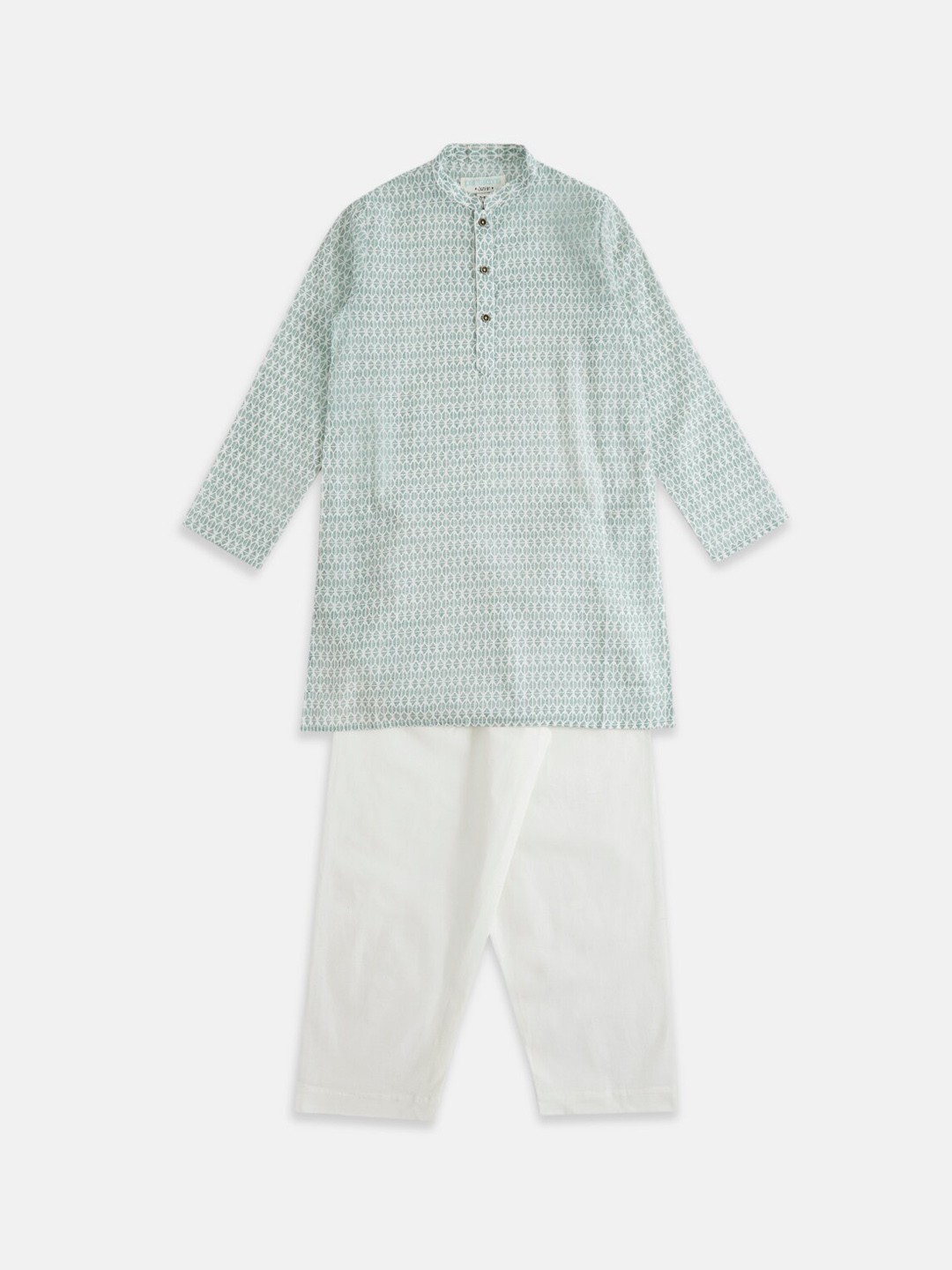 

indus route by Pantaloons Boys Off White & Green Printed Pure Cotton Kurta with Pyjama