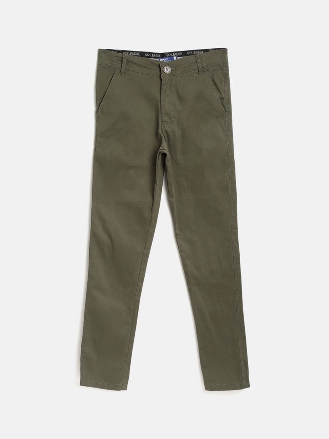 

612League Boys Olive Green Solid Cotton Trousers