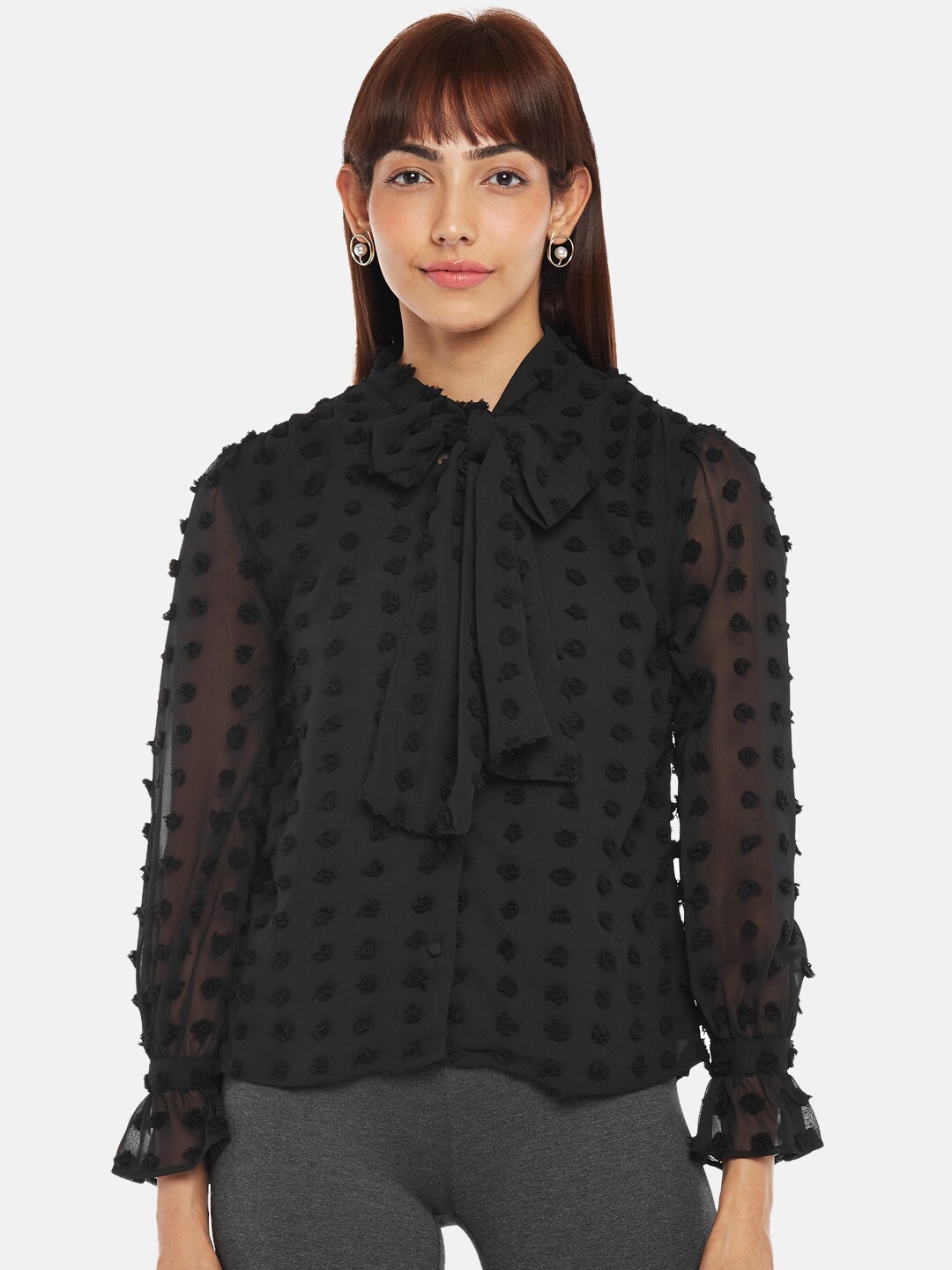 

Annabelle by Pantaloons Black Tie-Up Neck Georgette Shirt Style Top