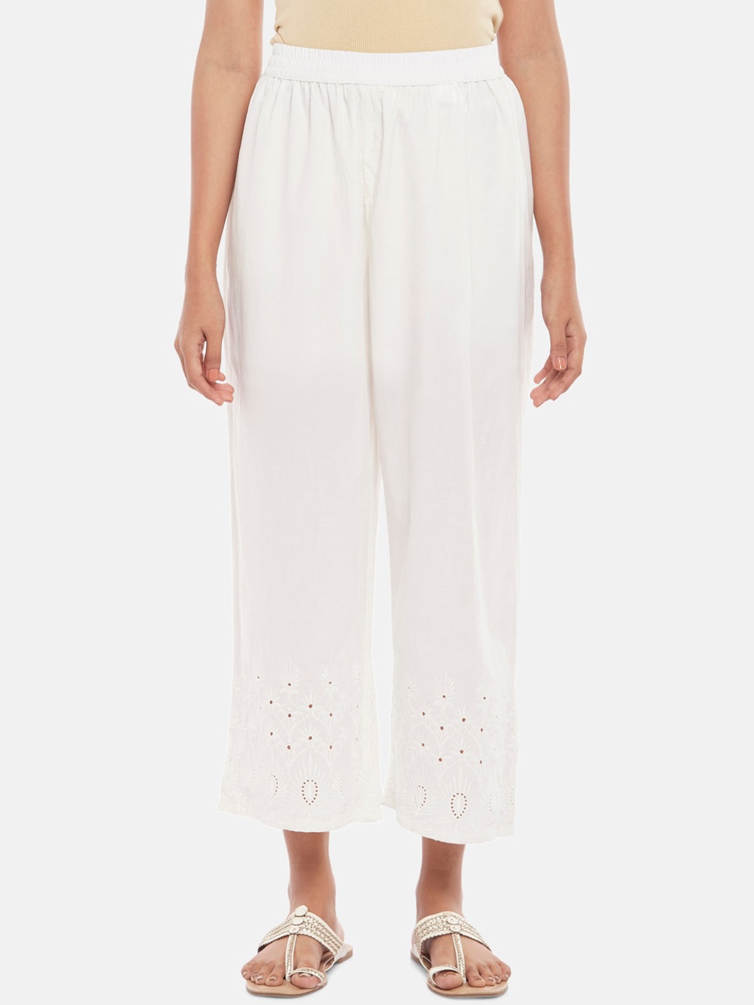 

RANGMANCH BY PANTALOONS Women White Solid Trousers