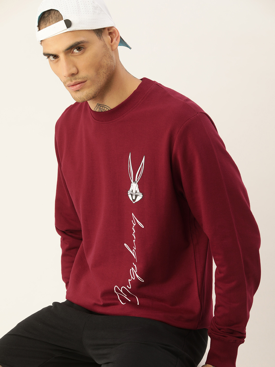 

Kook N Keech Looney Tunes Men Maroon & White Bugs Bunny Printed Pure Cotton Sweatshirt