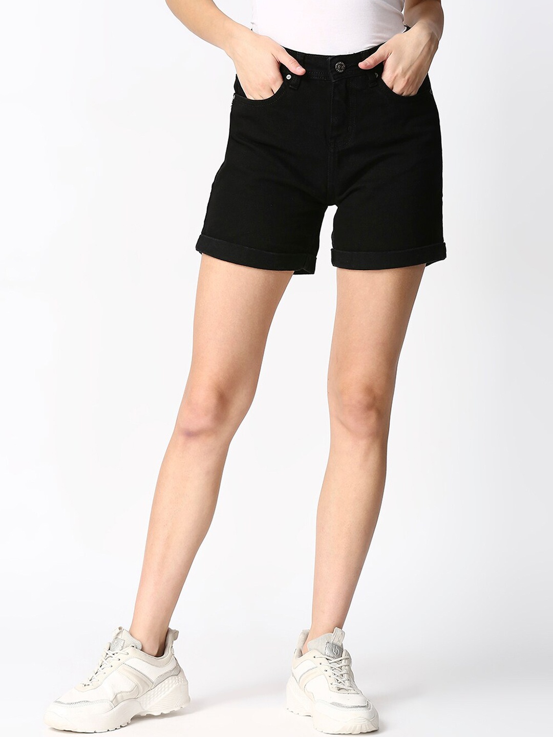 

High Star Women Black Slim Fit High-Rise Denim Shorts