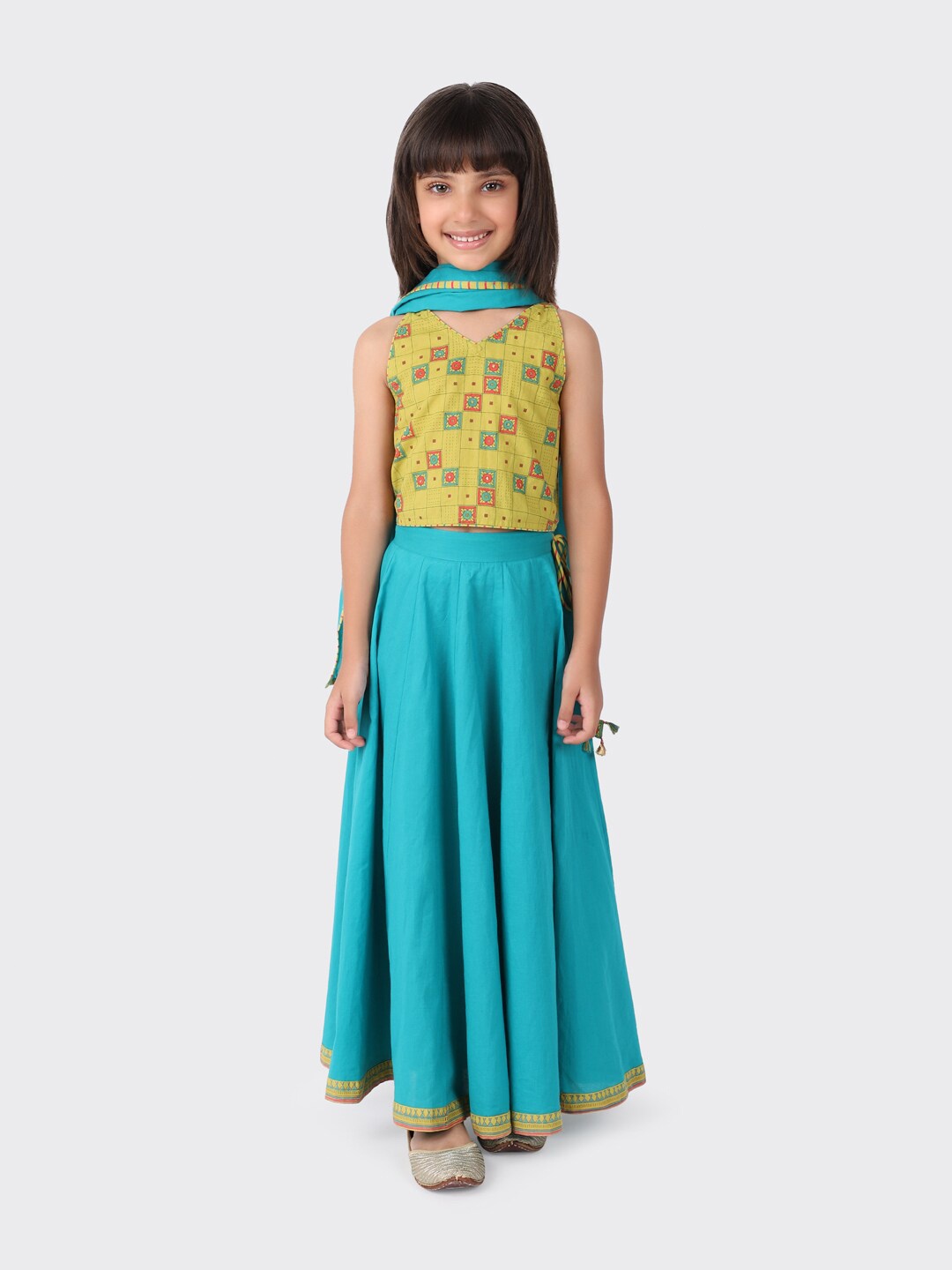 

Fabindia Girls Yellow & Blue Printed Ready to Wear Lehenga & Blouse With Dupatta