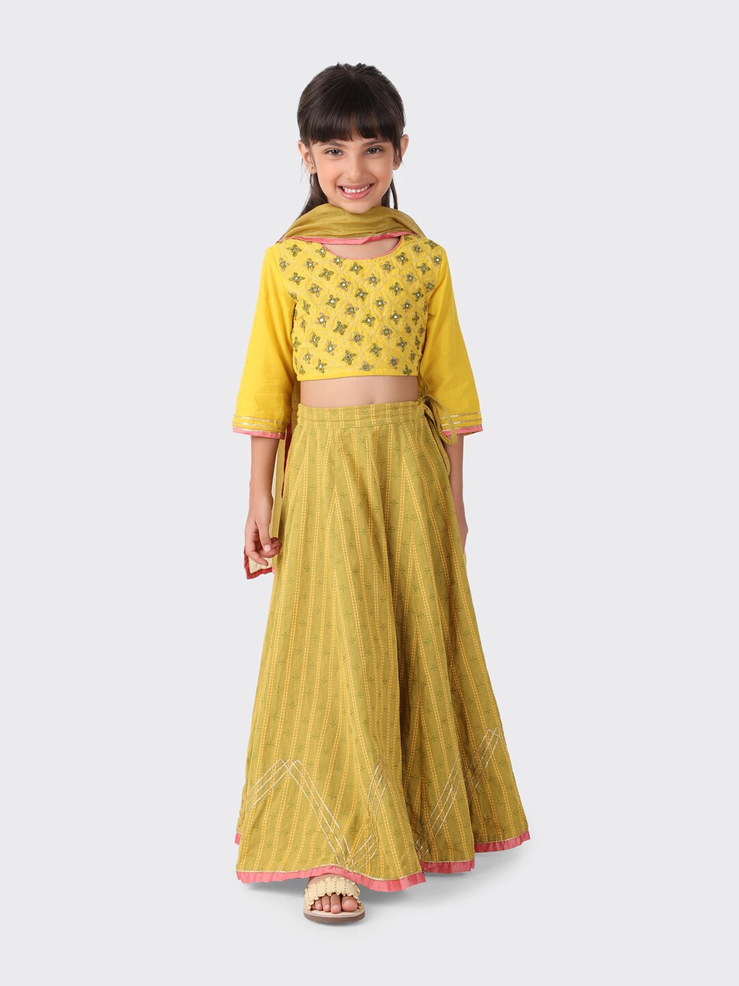 

Fabindia Girls Lime Green & Embroidered Ready to Wear Lehenga & Blouse With Dupatta