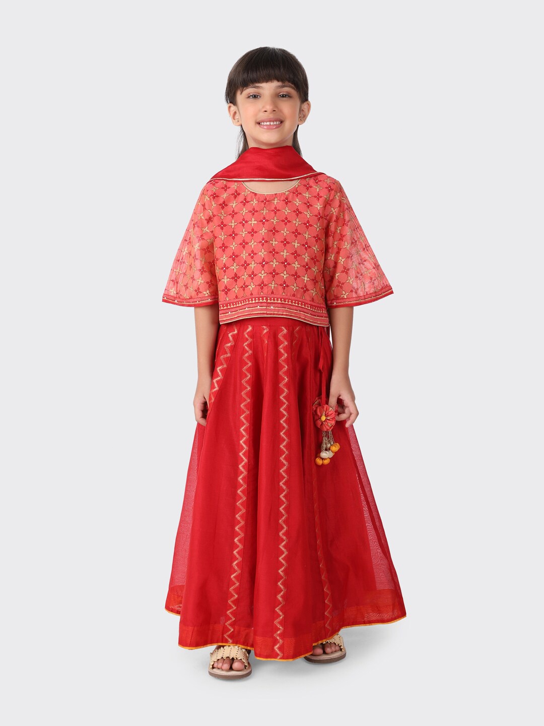 

Fabindia Girls Red & Gold-Toned Printed Ready to Wear Lehenga & Blouse With Dupatta