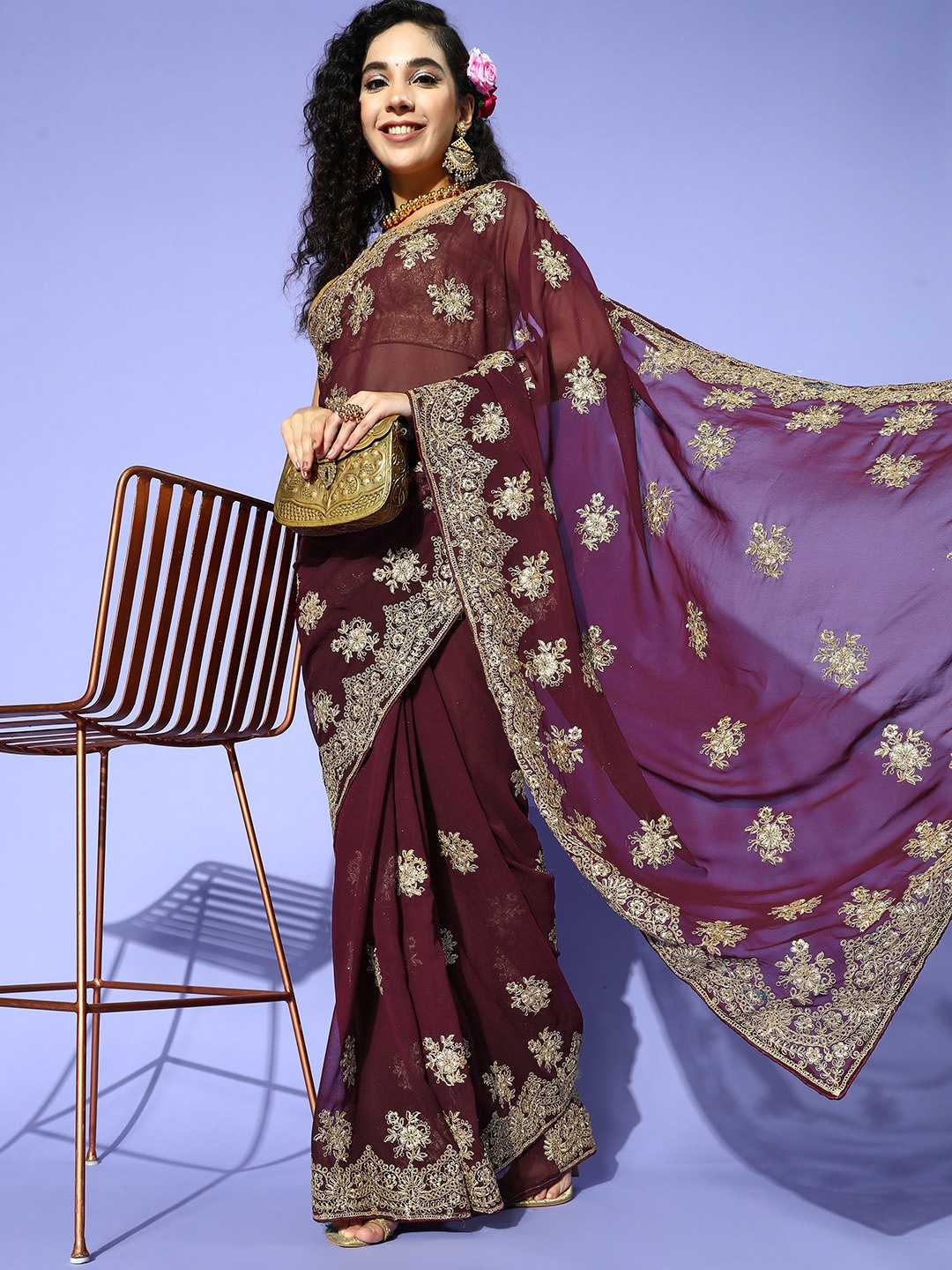 

Tikhi Imli Ethnic Motifs Saree with Embroidered border, Burgundy