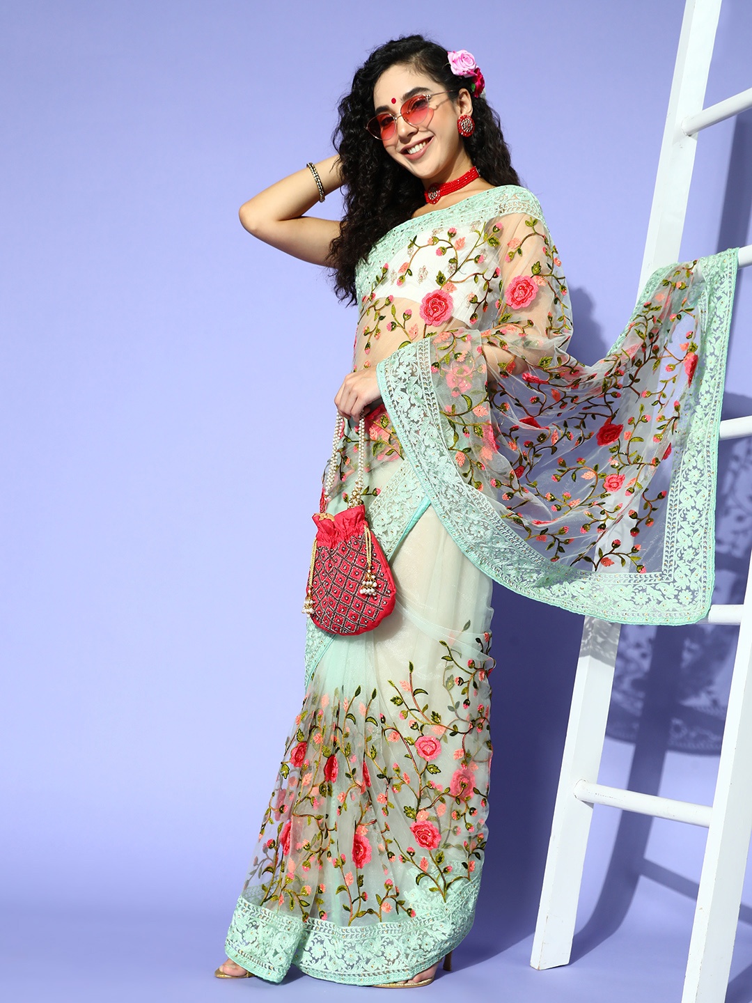 

Tikhi Imli Solid Saree with Embroidered border, Sea green