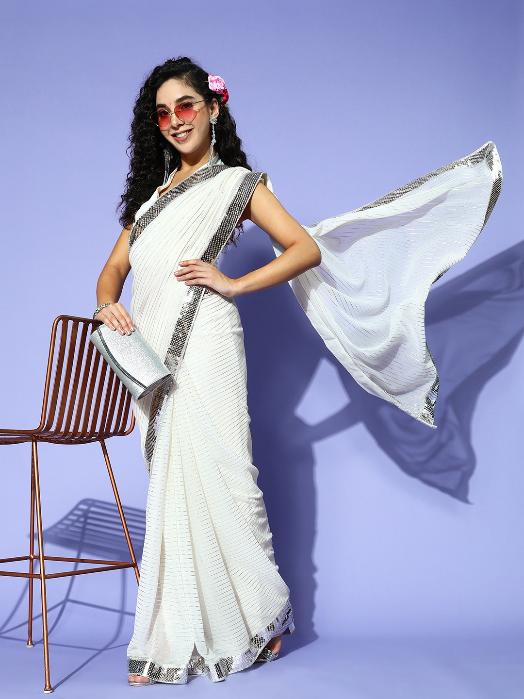 

Tikhi Imli Striped Saree with Embroidered border, White