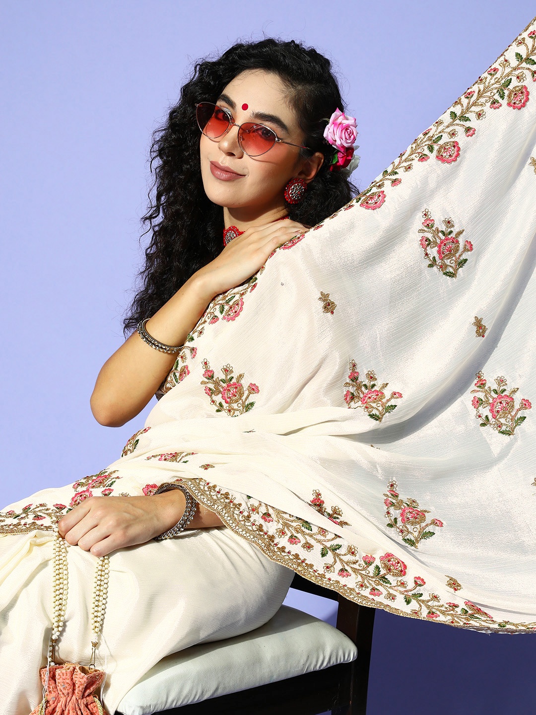 

Tikhi Imli Ethnic Motifs Saree, Cream