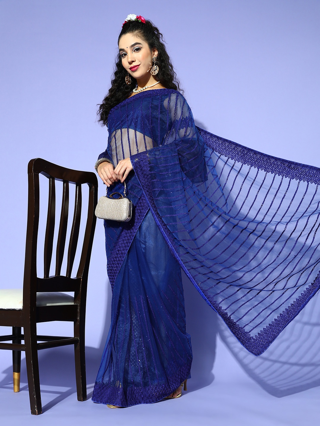 

Tikhi Imli Embellished Saree, Navy blue