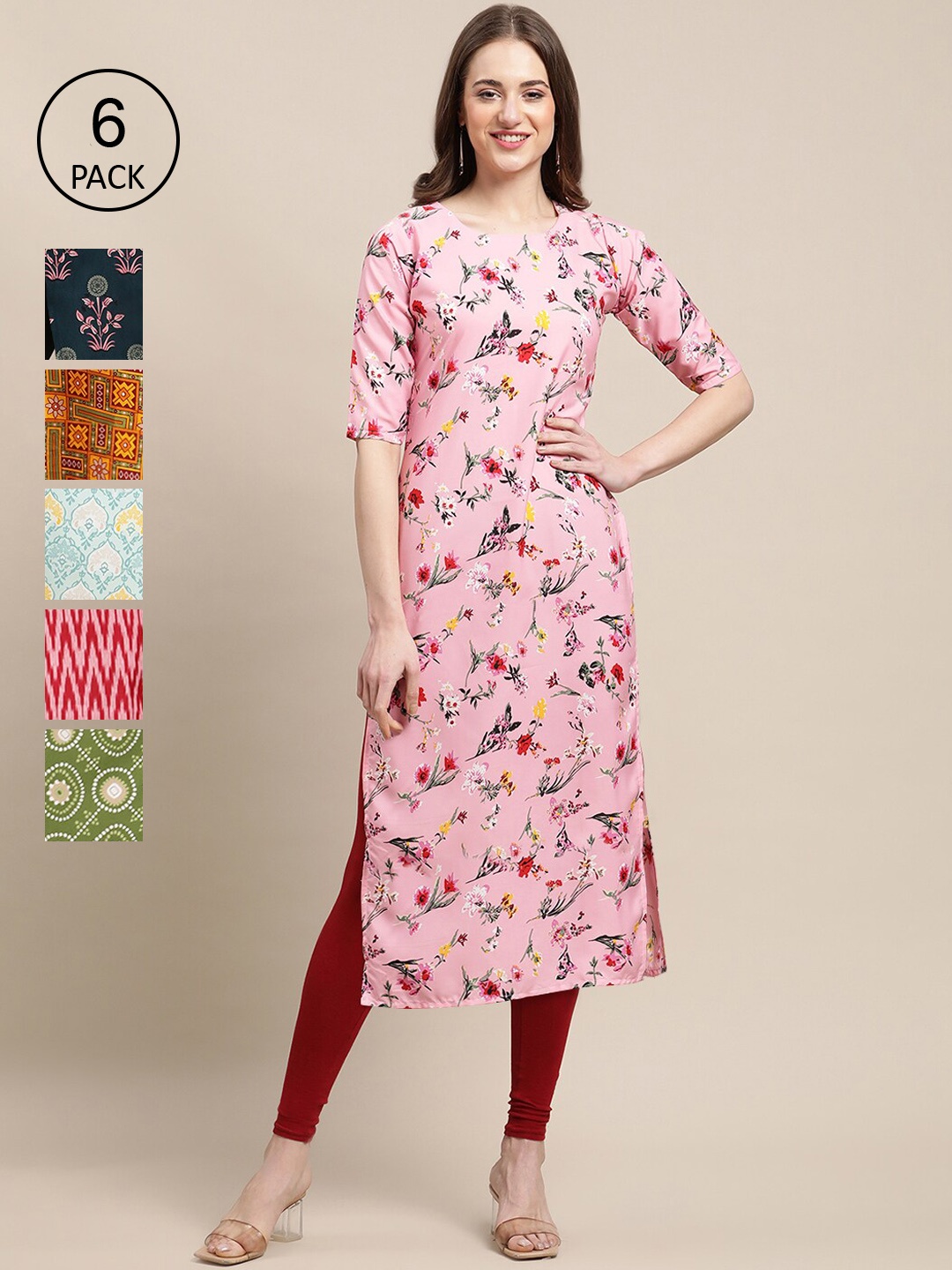 7Threads Women Pack of 6 Pink & Blue Floral Printed Crepe Kurta