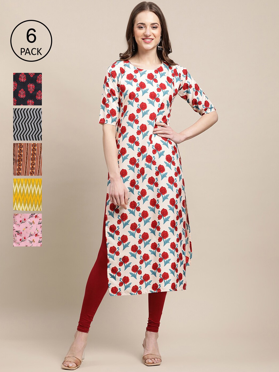 7Threads Women Pack Of 6 Geometric Printed Crepe Kurta, Multi