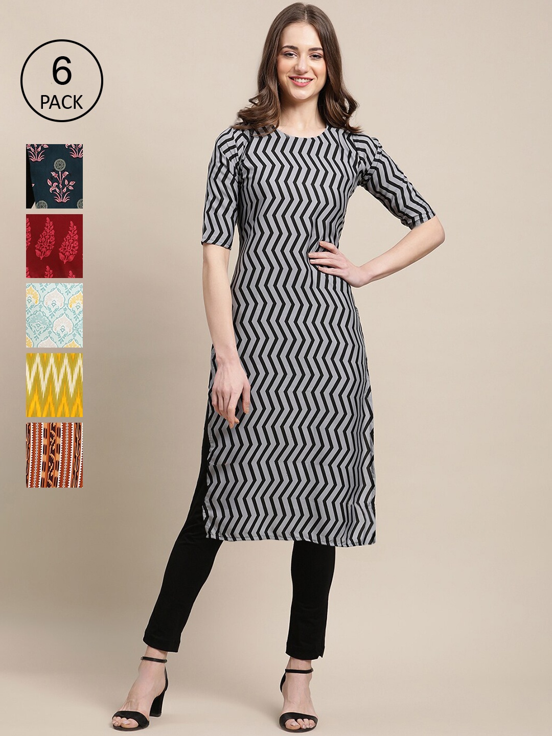 

7Threads Women Pack Of 6 Printed Crepe Straight Kurta, Grey