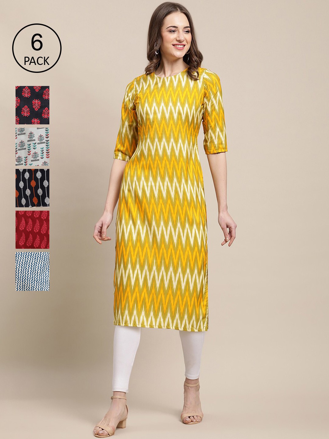 

7Threads Women Pack Of 6 Printed Crepe Straight Kurta, Black