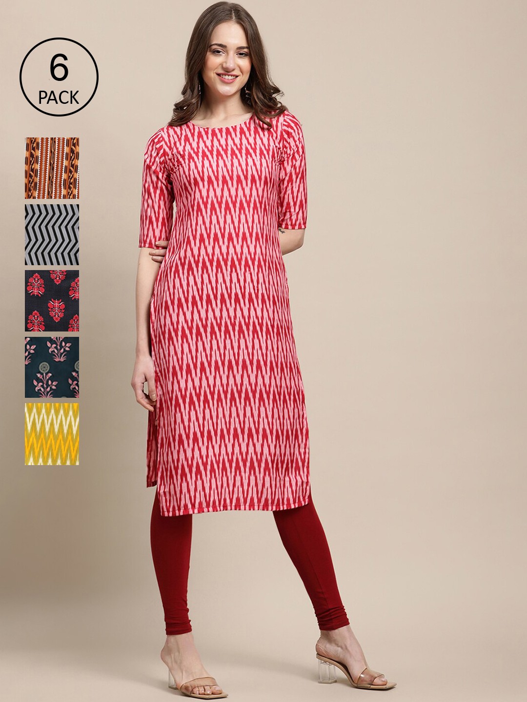 

7Threads Women Pink & Yellow Ethnic Motifs Printed Crepe Kurta