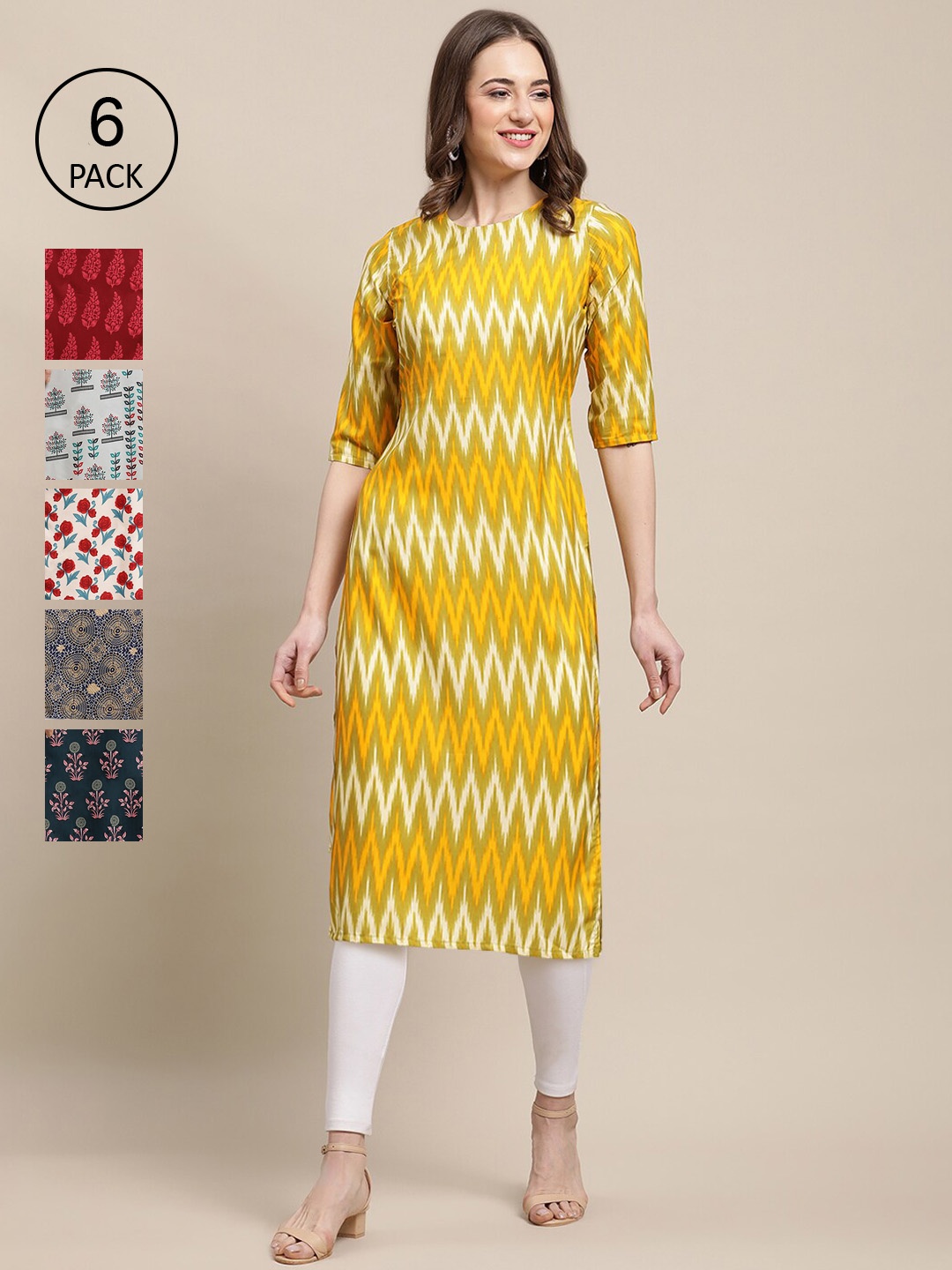 

7Threads Women Pack of 6 Yellow & Red Ethnic Motifs Printed Crepe Kurta