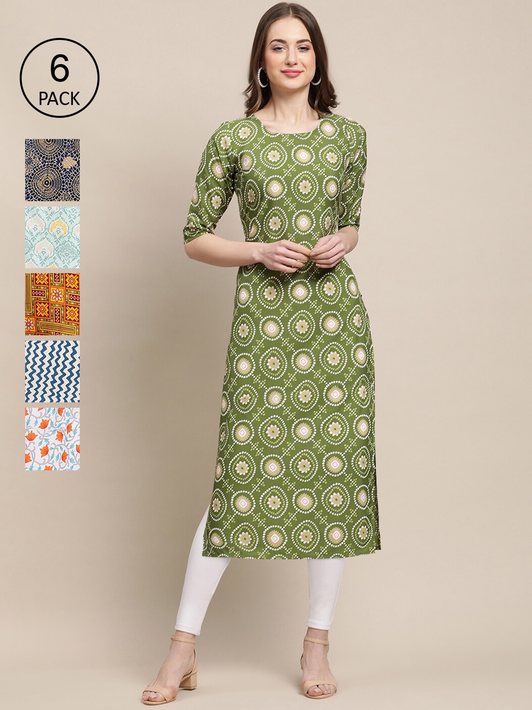 

7Threads Women Pack Of 6 Floral Printed Crepe Kurta, Green