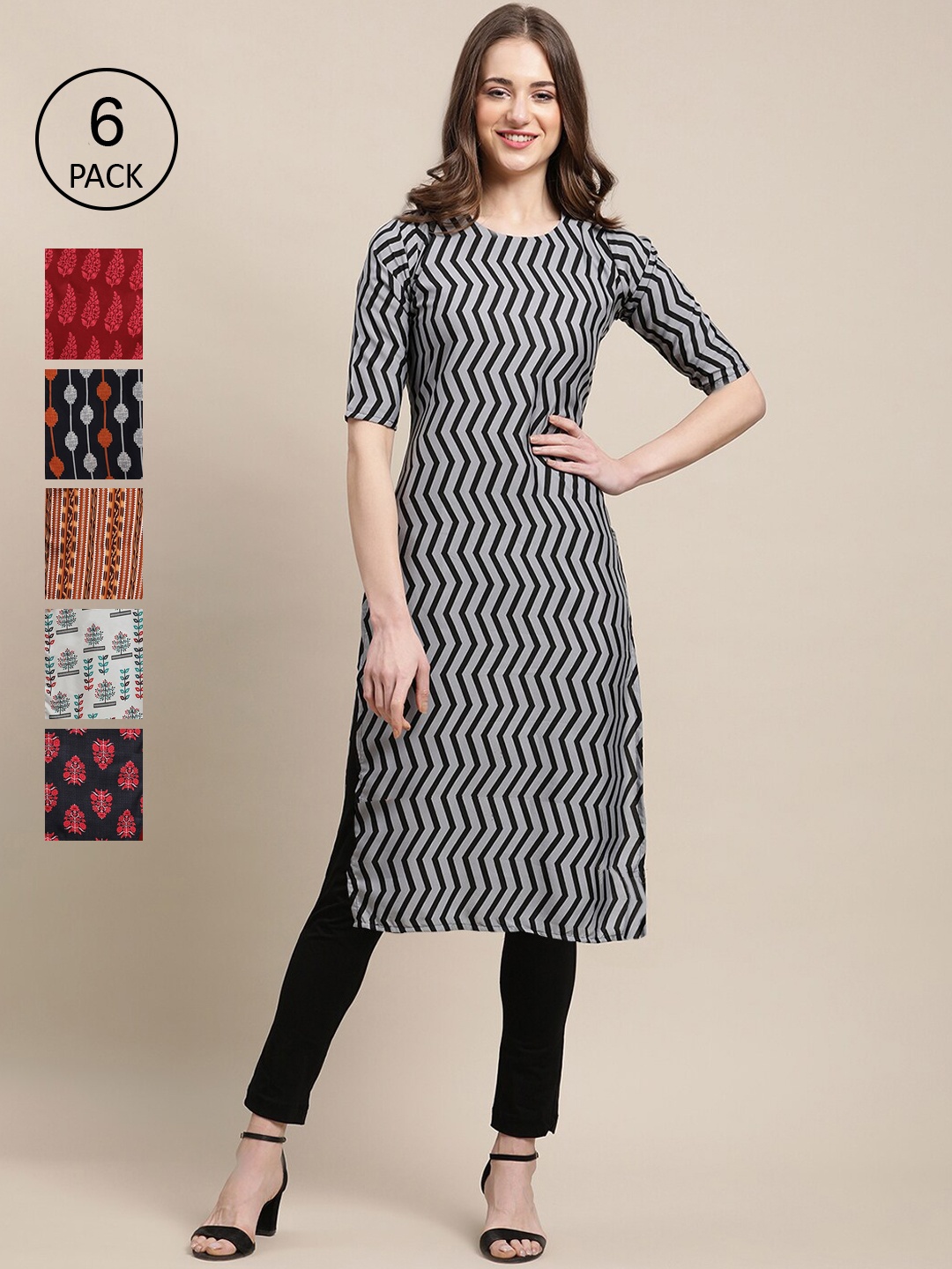 

7Threads Women Pack of 6 Grey & Red Ethnic Motifs Printed Crepe Kurta