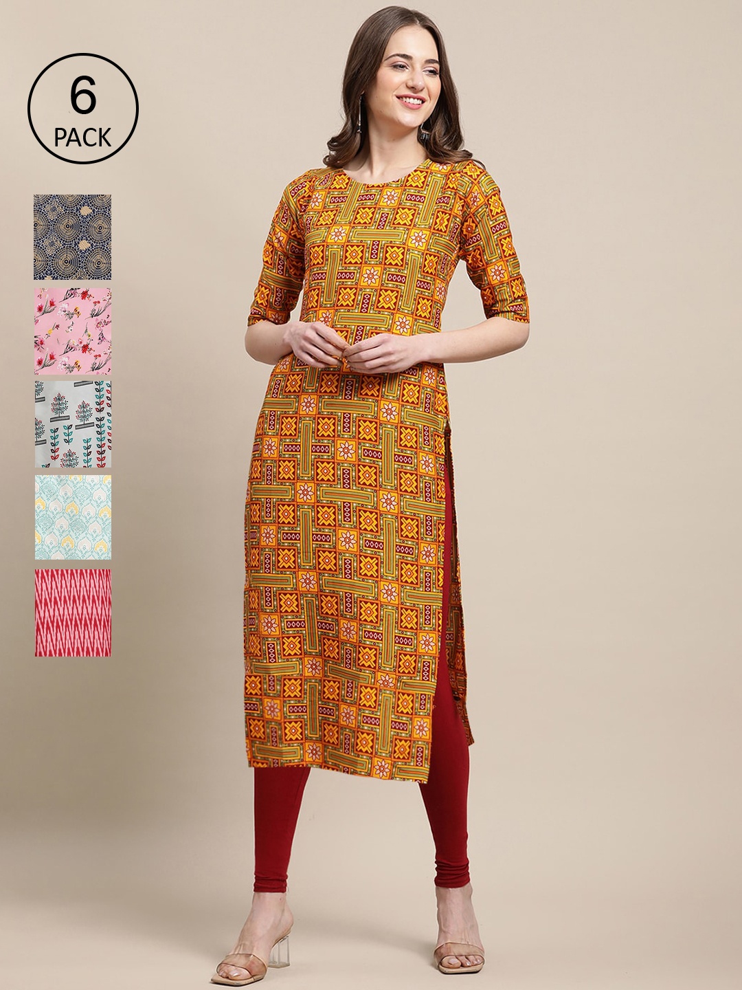 

7Threads Women Multicoloured Pack Of 6 Floral Printed Crepe Kurta, Multi