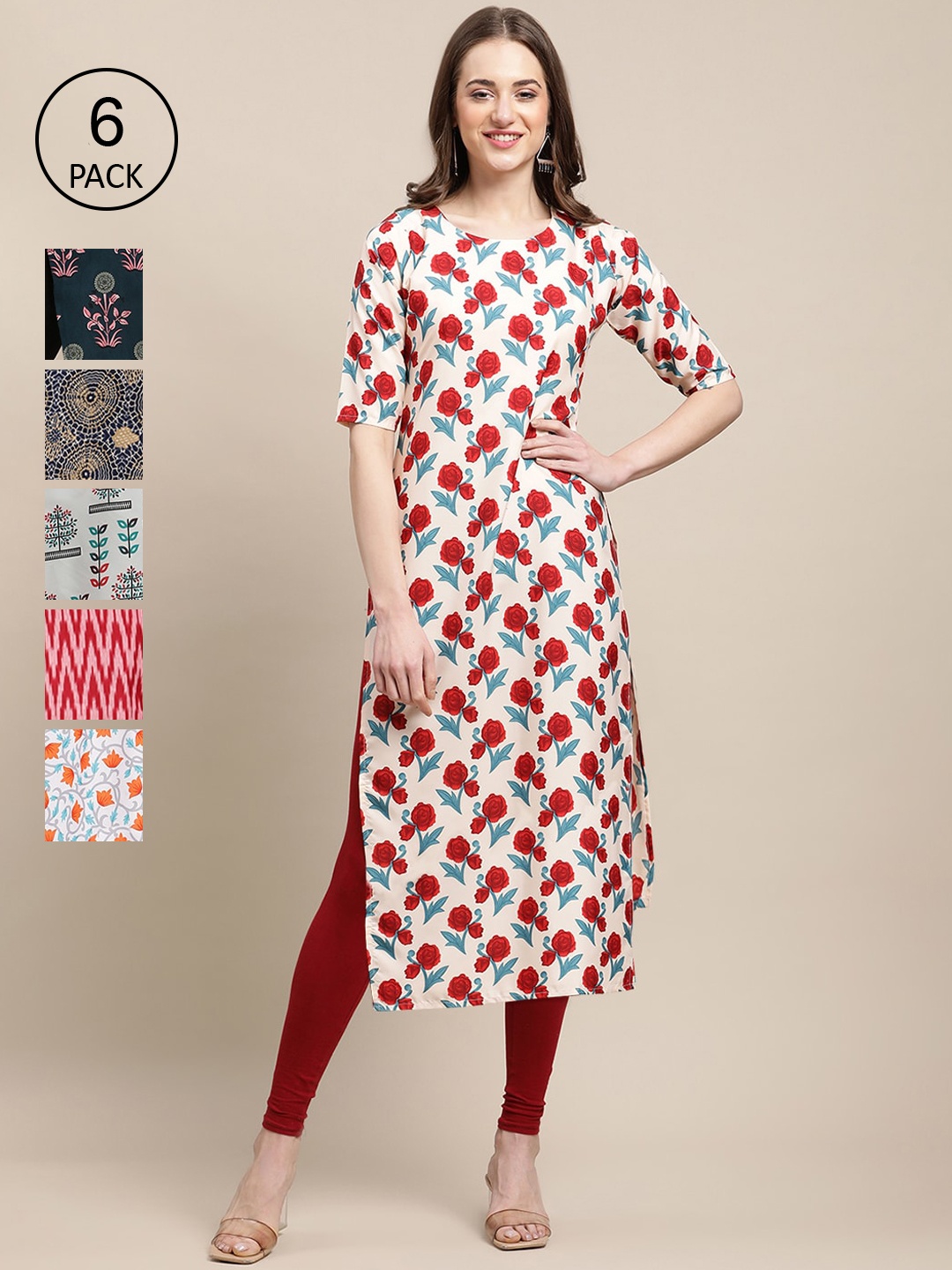 

7Threads Women's Crepe Multi Color Digital Printed Straight Kurta [PACK OF 6]