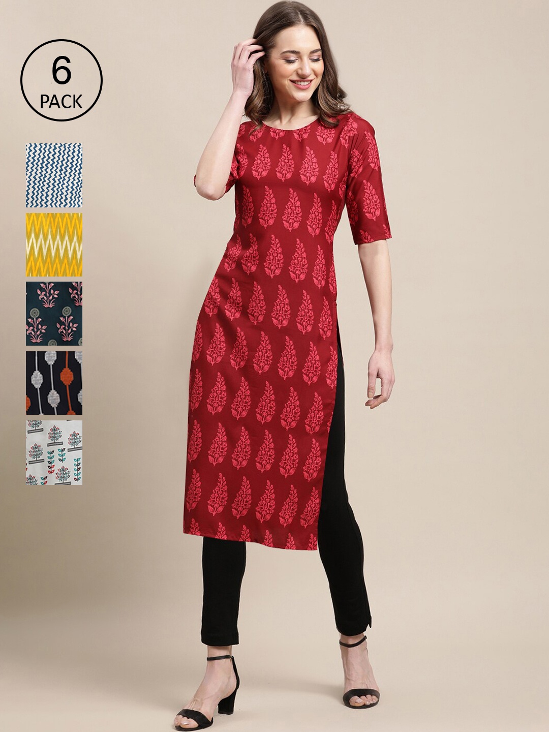 7Threads Women Pack of 6 Digital Printed Crepe Straight Kurta, Red