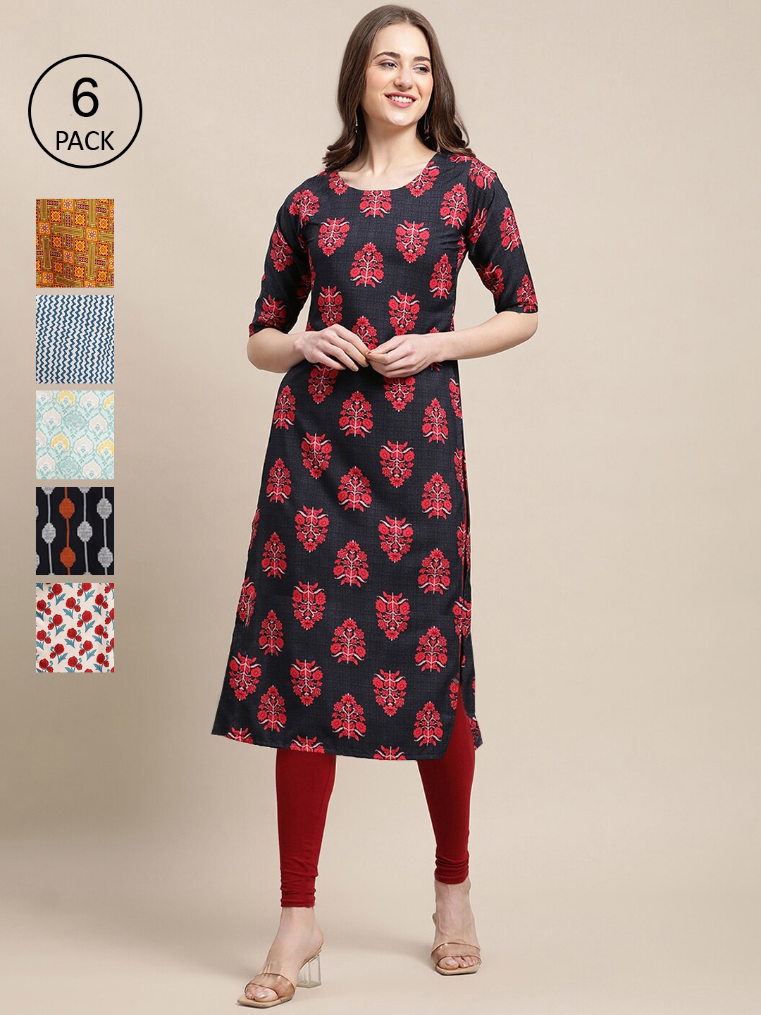 

7Threads Women Black & Blue Pack Of 6 Geometric Printed Block Print Crepe Kurta
