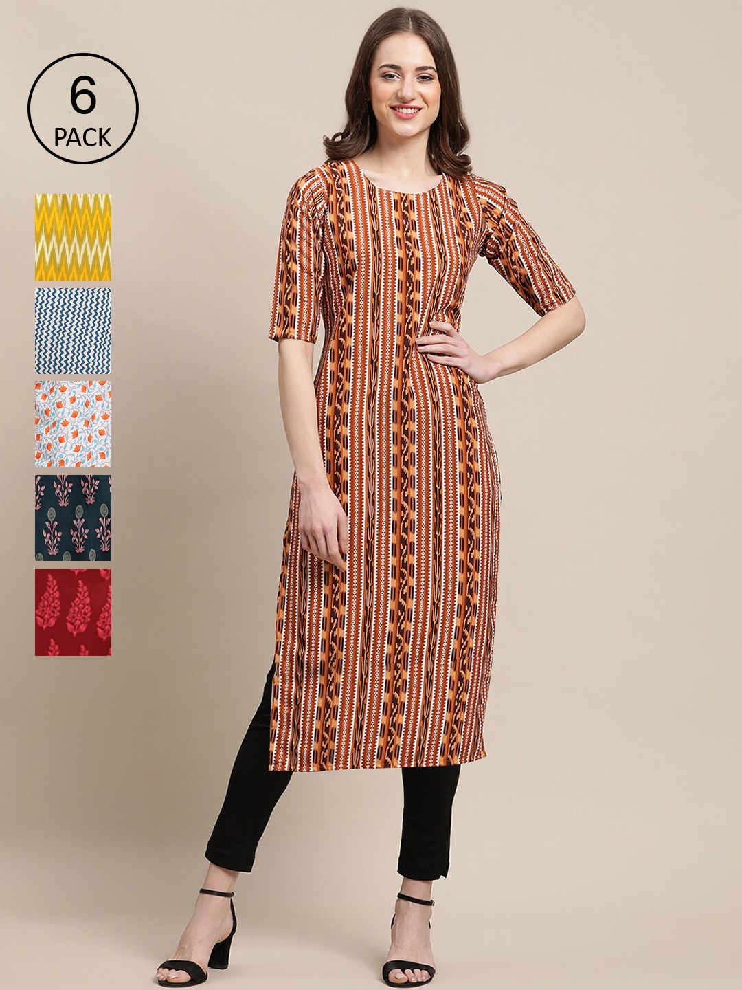 

7Threads Women Pack of 6 Brown & Yellow Geometric Printed Crepe Kurta