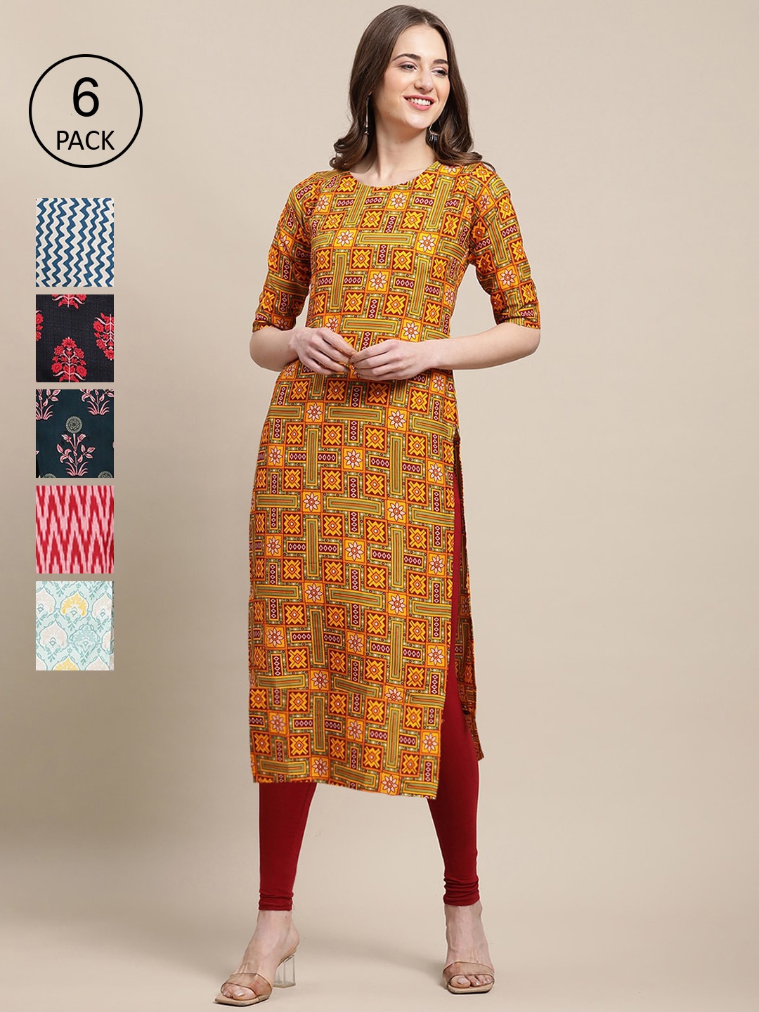 

7Threads Women Pack Of 6 Crepe Printed Straight Kurta, Mustard