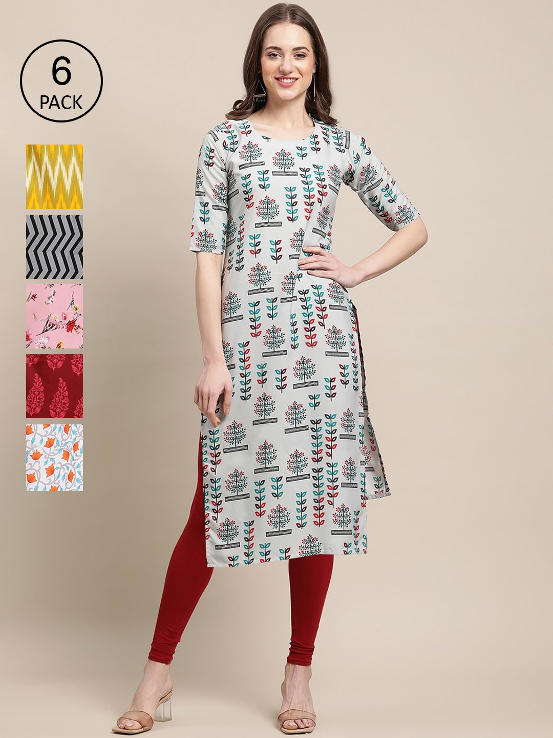 

7Threads Pack of 6 Women Maroon & Grey Floral Printed Crepe Kurta