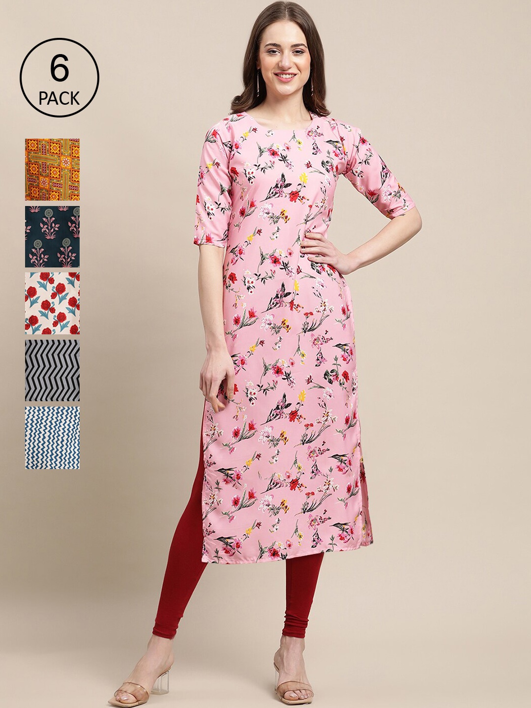 

7Threads Pack of 6 Women Grey & White Geometric Printed Crepe Kurta