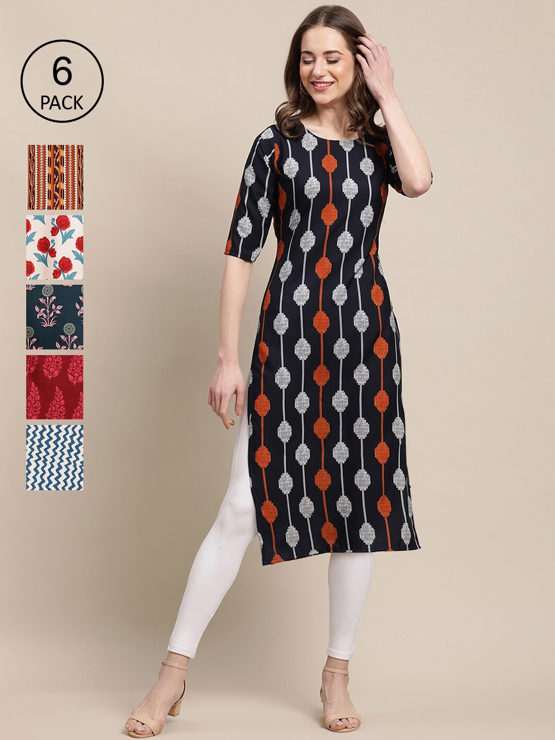 

7Threads Women Pack of 6 Digital Printed Crepe Straight Kurtas, Red