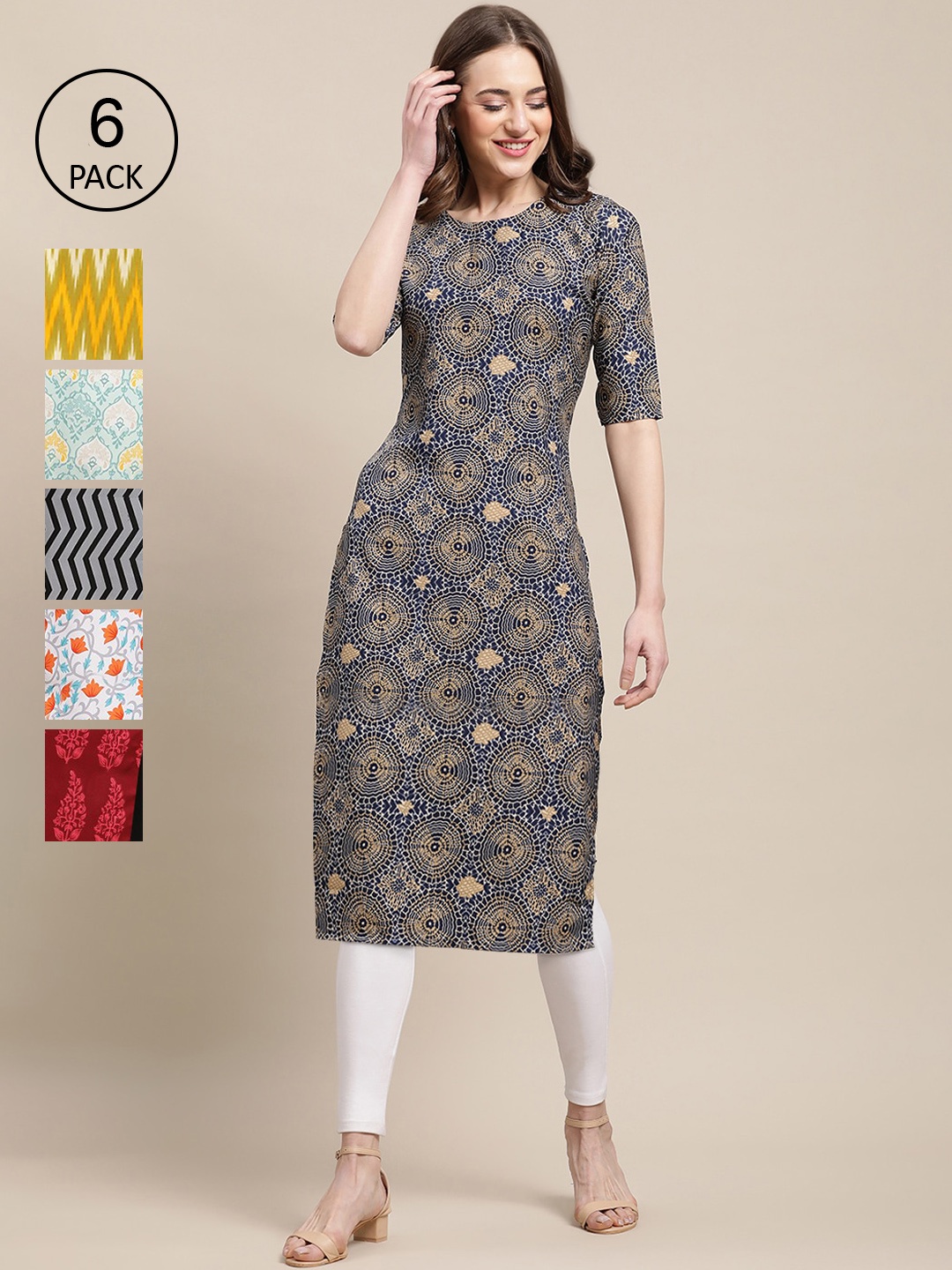 

7Threads Women Pack of 6 Digital Printed Crepe Straight Kurtas, Yellow