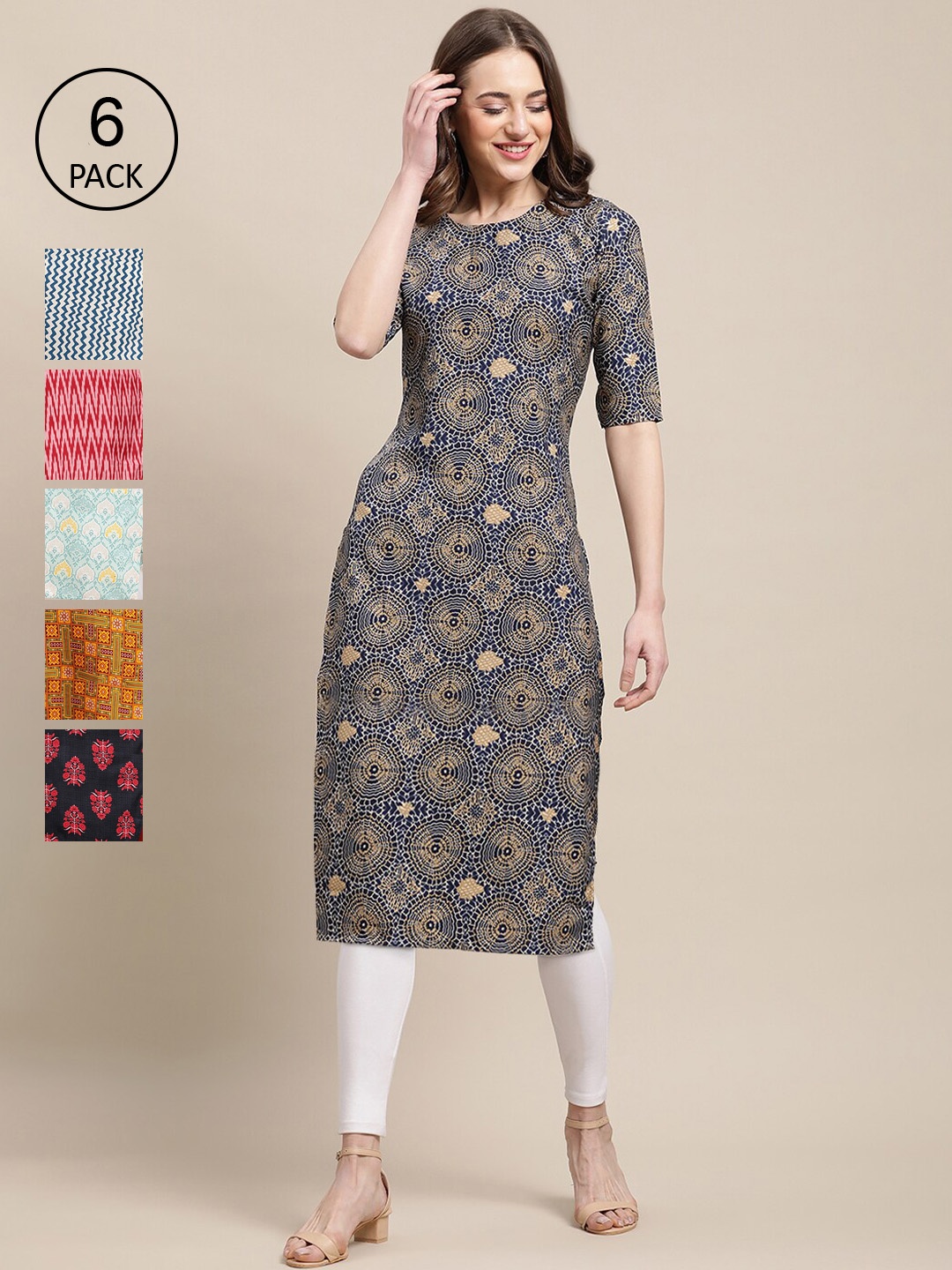 

7Threads Women Pack of 6 Digital Printed Crepe Straight Kurtas, Blue