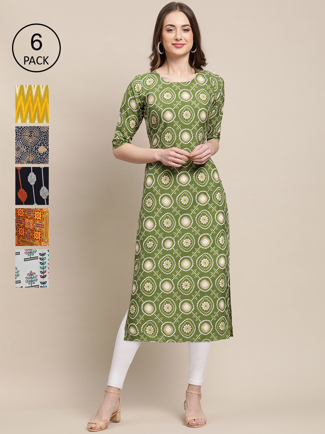 7Threads Women Pack of 6 Geometric Printed Crepe Kurta, Green