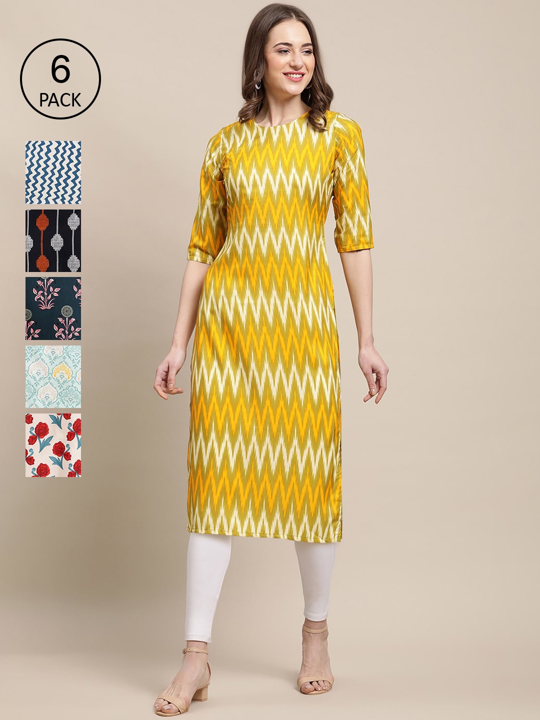 

7Threads Women Pack of 6 Digital Printed Crepe Straight Kurta, Yellow