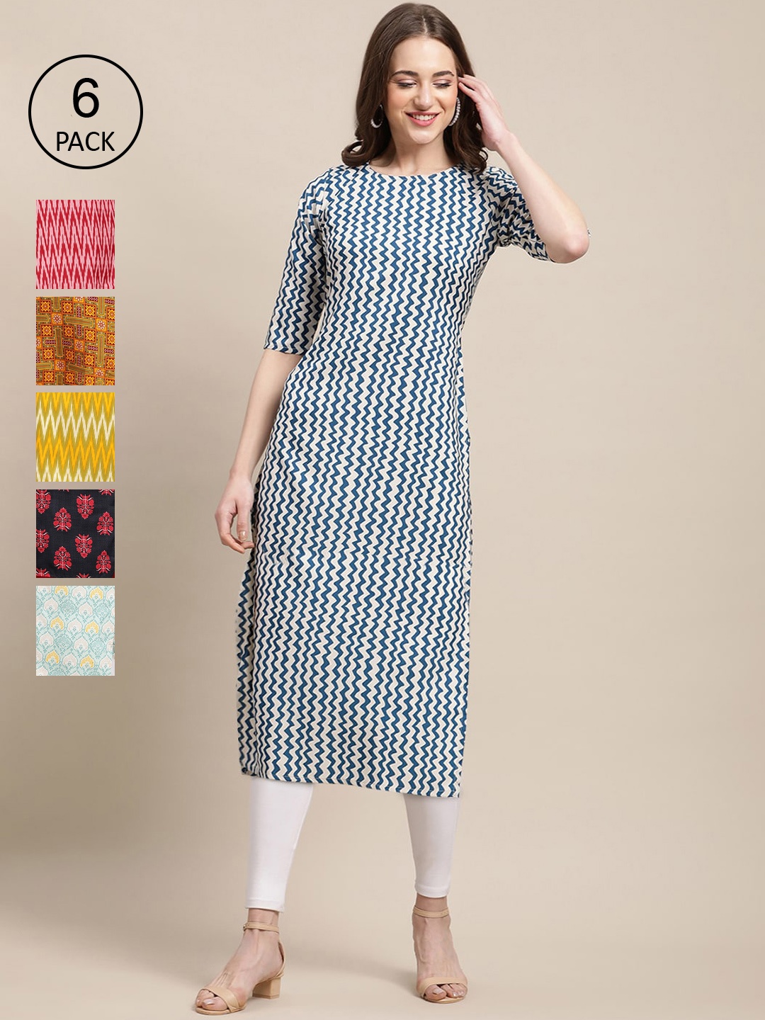 

7Threads Women Pack of 6 Digital Printed Crepe Straight Kurtas, Blue