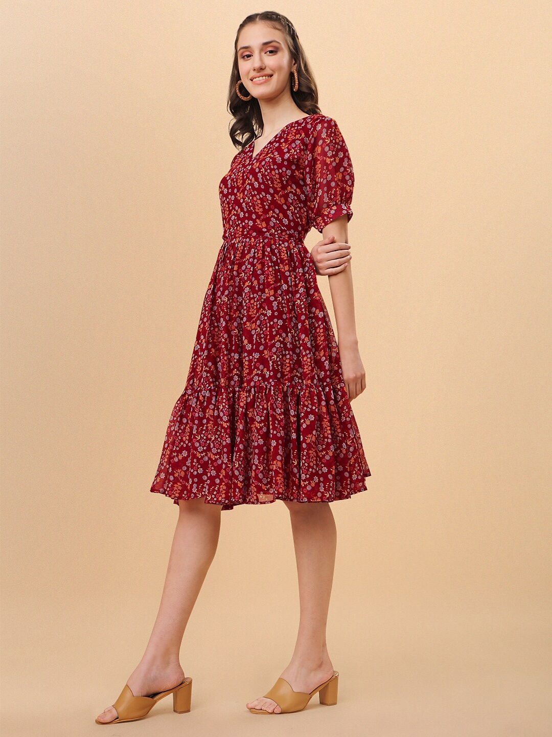 

GUFRINA Women Maroon & Purple Floral Printed Drop-Waist Dress