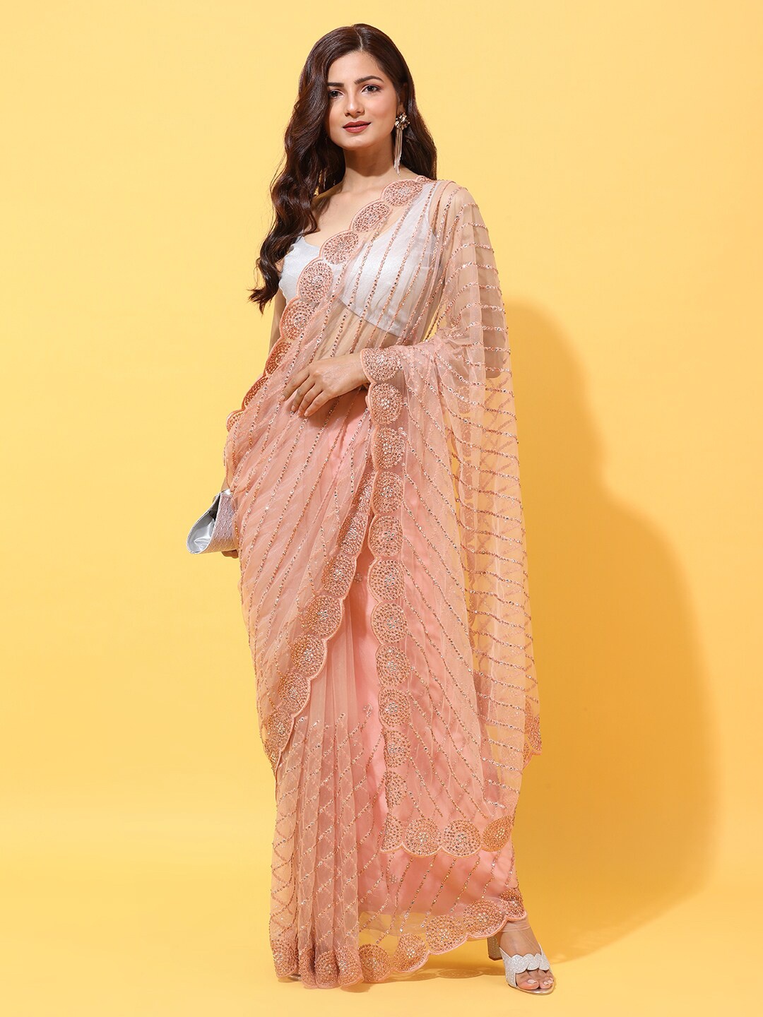

kasee Embroidered Striped Net Saree, Peach